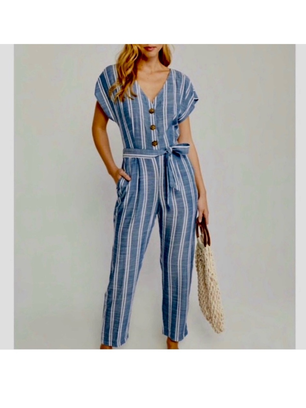 Abercrombie & Fitch Blue and White Striped V-Neck Belted Jumpsuit Size XXSP